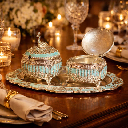 Jain Art Villa German Silver Dry Fruit Serving Set with Tray – Peacock Design Decorative Bowls with Lid & Spoon