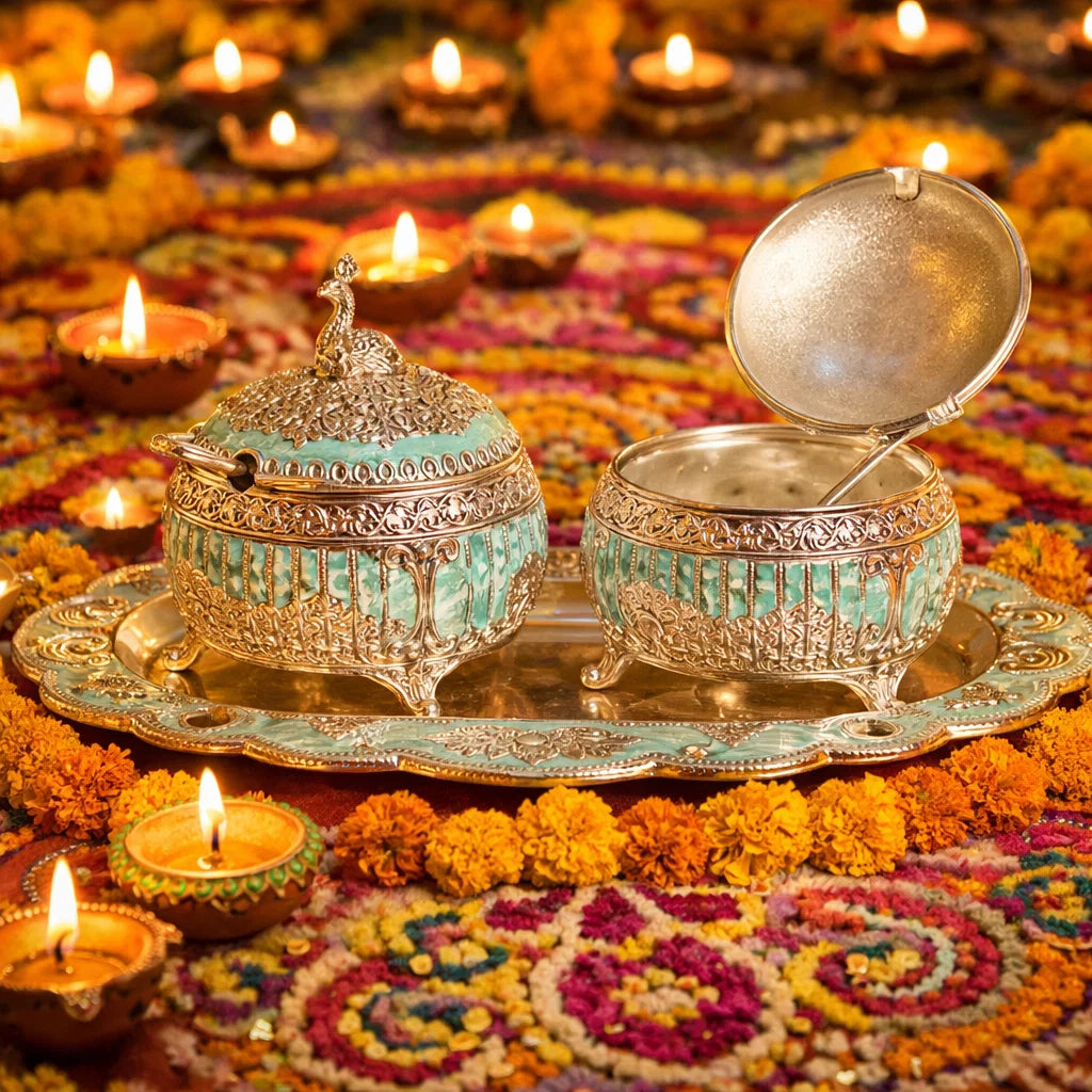 Jain Art Villa German Silver Dry Fruit Serving Set with Tray – Peacock Design Decorative Bowls with Lid & Spoon