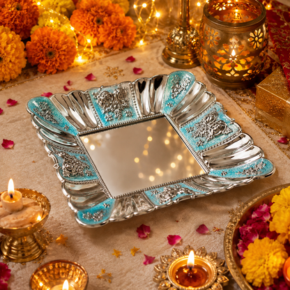Premium German Silver Blue Meenakari Decorative Tray – Square Serving Tray for Dry Fruits, Pooja & Festive Gifting