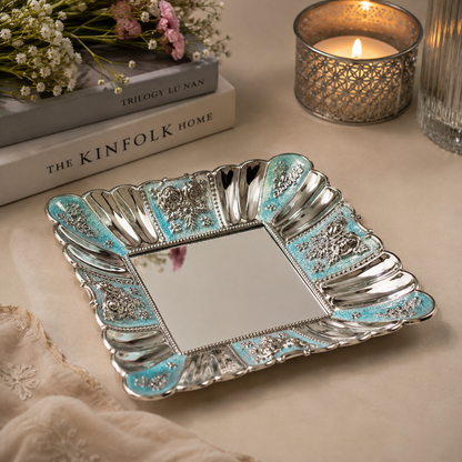 Premium German Silver Blue Meenakari Decorative Tray – Square Serving Tray for Dry Fruits, Pooja & Festive Gifting