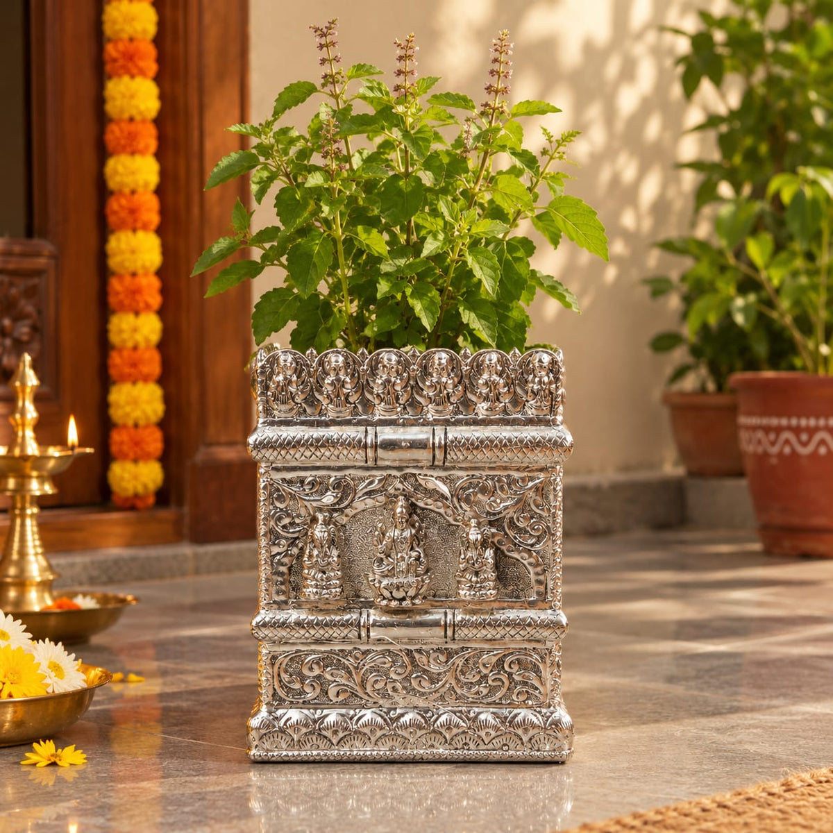 Antique Silver Finish Tulsi Planter / Tulsi Vrindavan with Lakshmi Ganesha Carving – Handcrafted Pooja Décor for Home Entrance