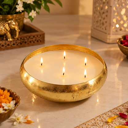 Handcrafted Brass Urli Candle | 5-Wick Ivory Wax Bowl Candle for Festive Decor & Gifting