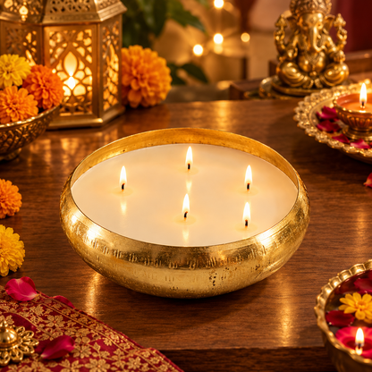Handcrafted Brass Urli Candle | 5-Wick Ivory Wax Bowl Candle for Festive Decor & Gifting