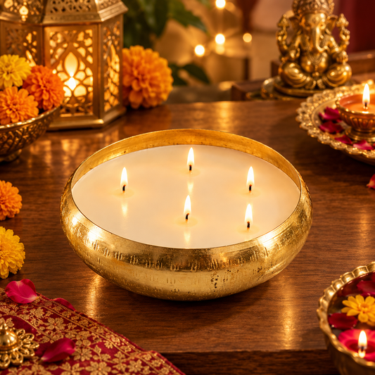 Handcrafted Brass Urli Candle | 5-Wick Ivory Wax Bowl Candle for Festive Decor & Gifting