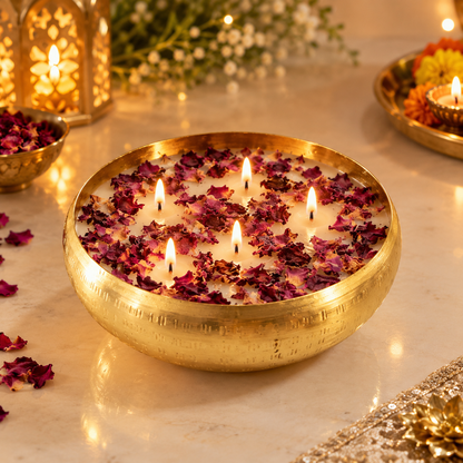 Handcrafted Brass Urli Candle with Dried Rose Petals | 5-Wick Floral Bowl Candle for Diwali Decor & Gifting