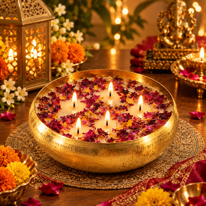 Handcrafted Brass Urli Candle with Dried Rose Petals | 5-Wick Floral Bowl Candle for Diwali Decor & Gifting
