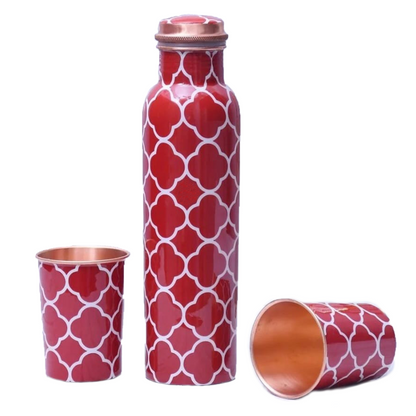 Traditional Abstract Floral  Design - 100% Pure Copper Bottle Set with 2 Glasses